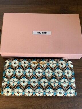 Miu Miu Blue, Cream & Brown Patterned Zip Wallet/ Bnwot